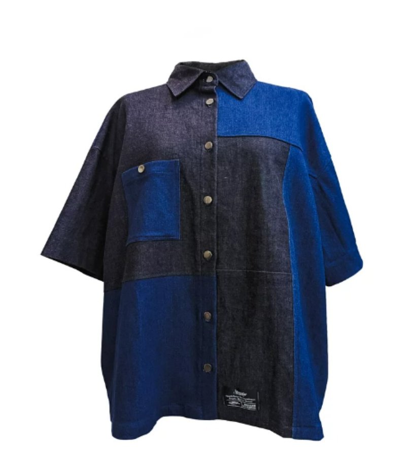 2023文博會【Story Wear】手工丹寧藍黑拼接寬版短袖襯衫 - 男裝恤衫 - 其他材質 