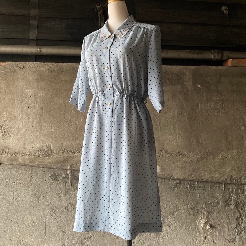 --Guangshi Vintage--Grey blue collared basket-carved dress - เสื้อเชิ้ตผู้ชาย - วัสดุอื่นๆ สีเงิน