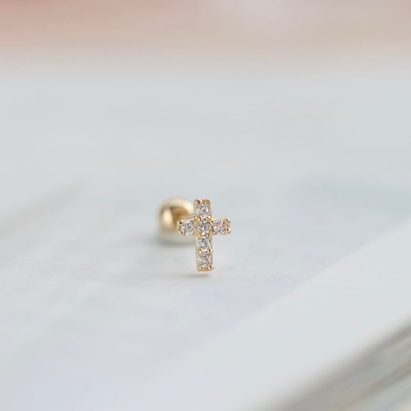 14K cross diamond bead earrings (single) - ต่างหู - เครื่องประดับ สีทอง