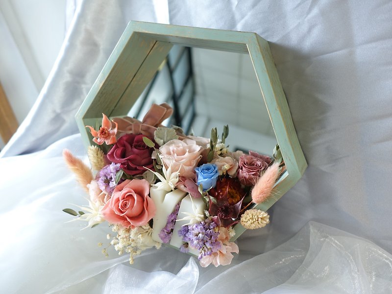 [木製の六角鏡]あなたの美しさを照らす/誕生日/ガールフレンド/結婚提案/花なし+乾花 - 観葉植物 - 寄せ植え・花 ピンク
