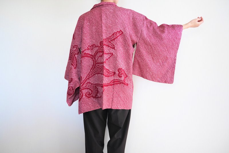 Japanese KIMONO, Shibori kimono, silk haori, authentic kimono - 女大衣/外套 - 絲．絹 紅色