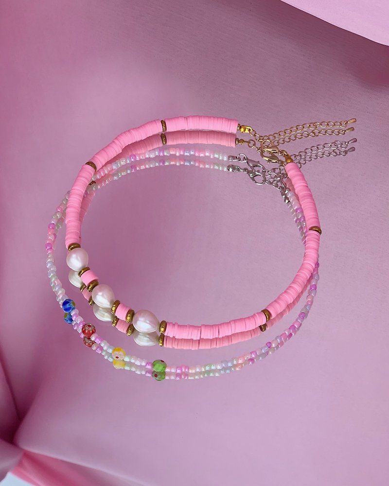 【Lucky Bag】Bubblegum beaded necklace - Necklaces - Pearl Pink