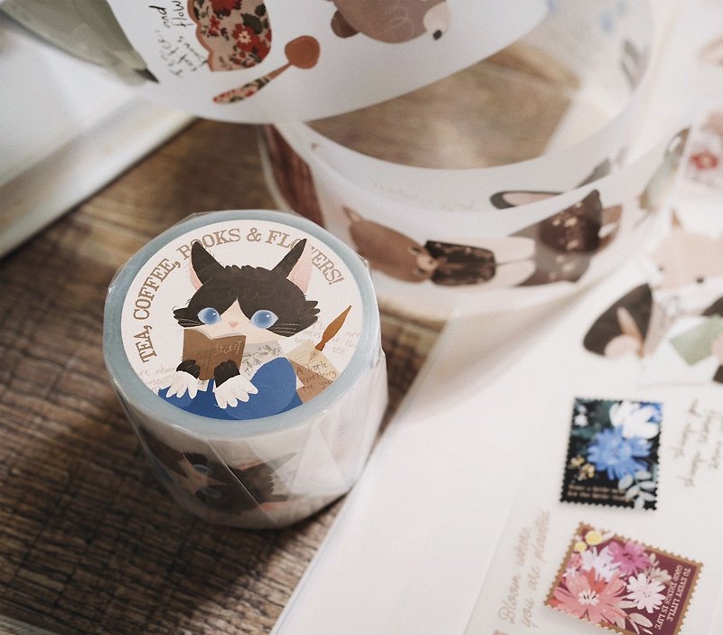 Matte PET Tape (with special ink and release paper)- The coffee, books & flowers - Washi Tape - Plastic Brown
