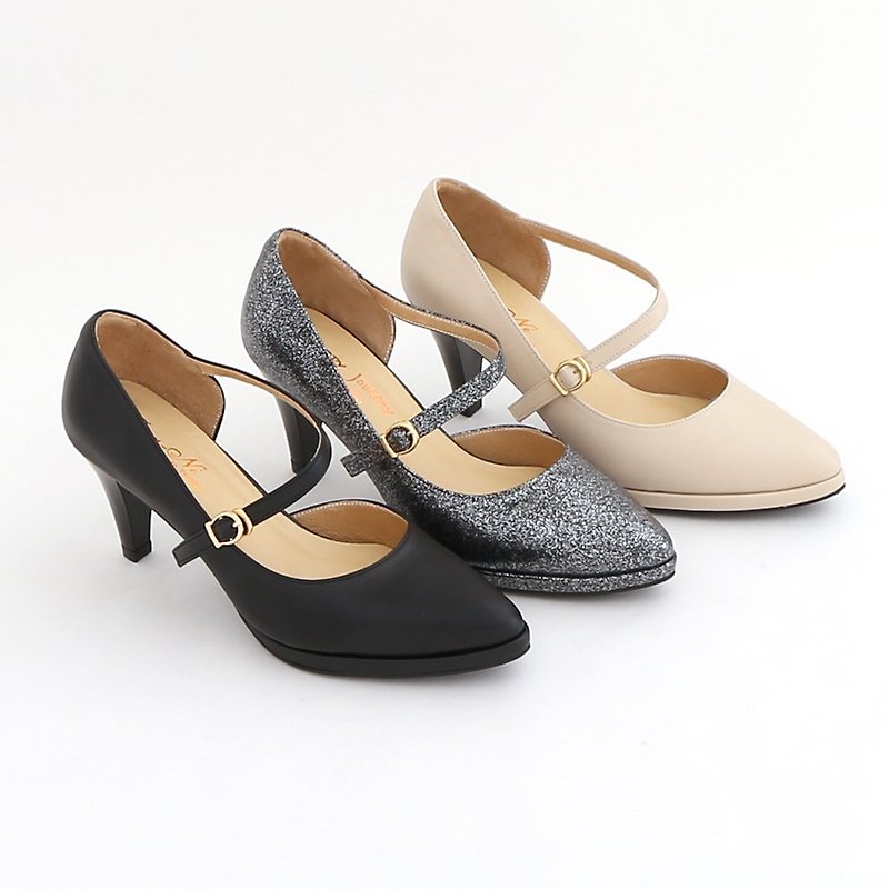 Maffeo pointed shoes high heels Mary Jane shoes elegant elegance instep lace-up leather heel shoes to work shoes (2137-10) - รองเท้าส้นสูง - หนังแท้ สีดำ