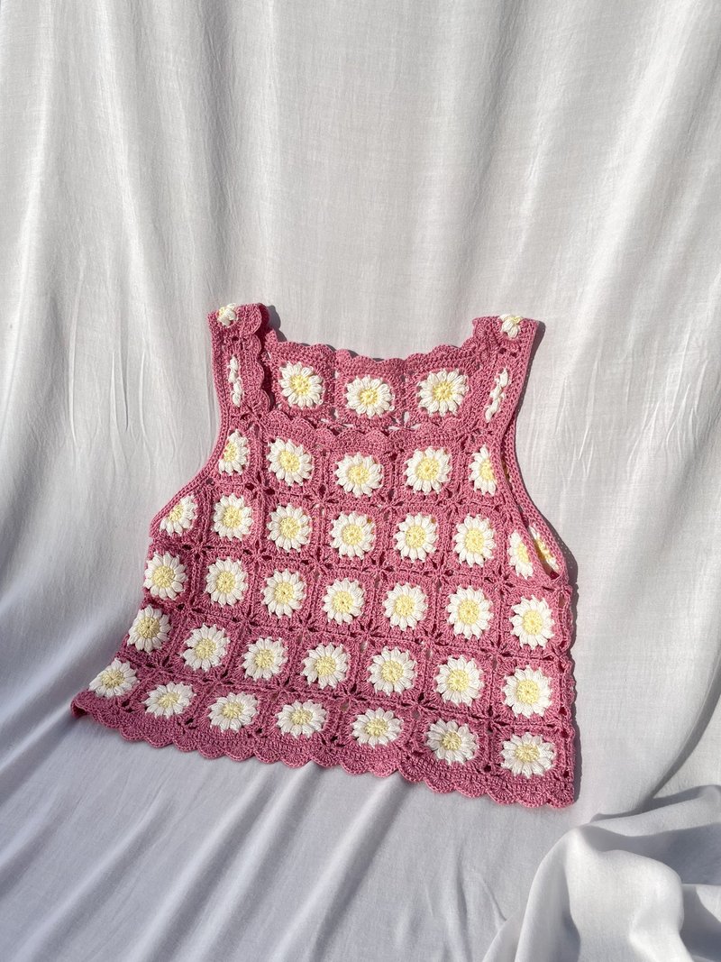 Daisy Tank ,Crop Top ,Handmade Crochet ,Vest , Floral - Women's Tops - Other Materials Pink