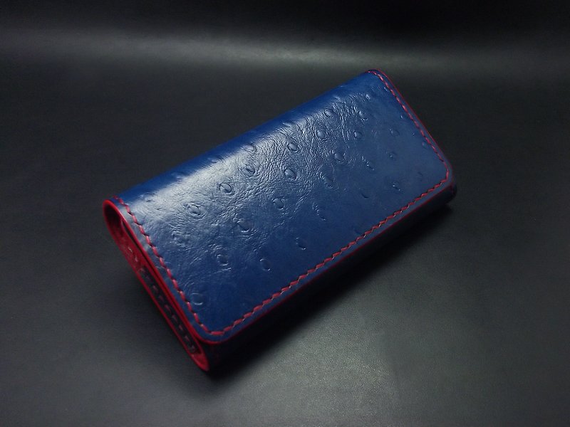 Api handmade ~ horizontal magnetic buckle hand ~ ostrich skin dark blue ~ iphone 8 plus / XR / Xs Max - Other - Genuine Leather Blue