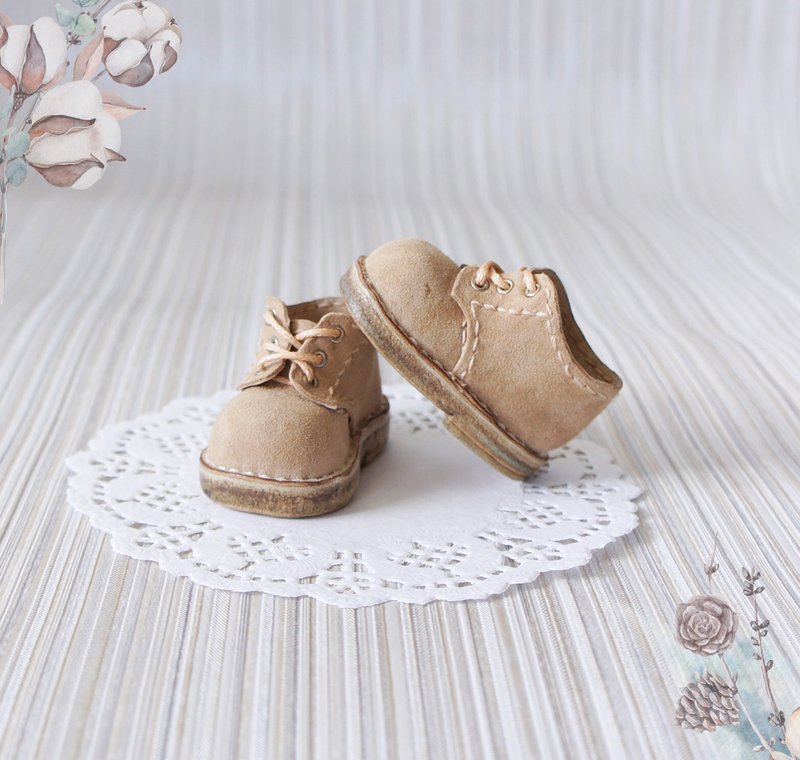 Paola Reina doll shoes, Short lace up boots for Paola Reina, Leather beige shoes - 玩偶/公仔 - 真皮 咖啡色