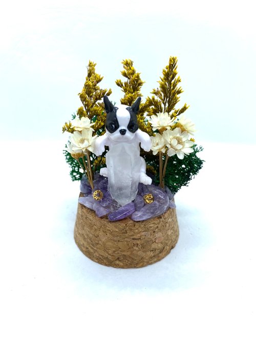 奧秘空間 Esoteric Space 綠色森林-鬥牛犬與白水晶-手工玻璃罩公仔/水晶/乾燥花擺設