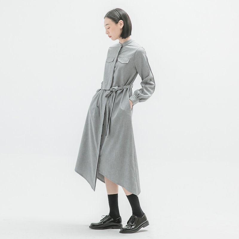 [Classic original] Outstand_Kuangshi asymmetrical dress_CLD505_浅灰 - ชุดเดรส - ผ้าฝ้าย/ผ้าลินิน สีเทา