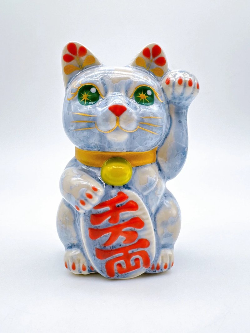 【盈藤寄喜】日本清水燒招財貓 |花結晶 銀藤 - 千万両 左 - 擺飾/家飾品 - 瓷 藍色
