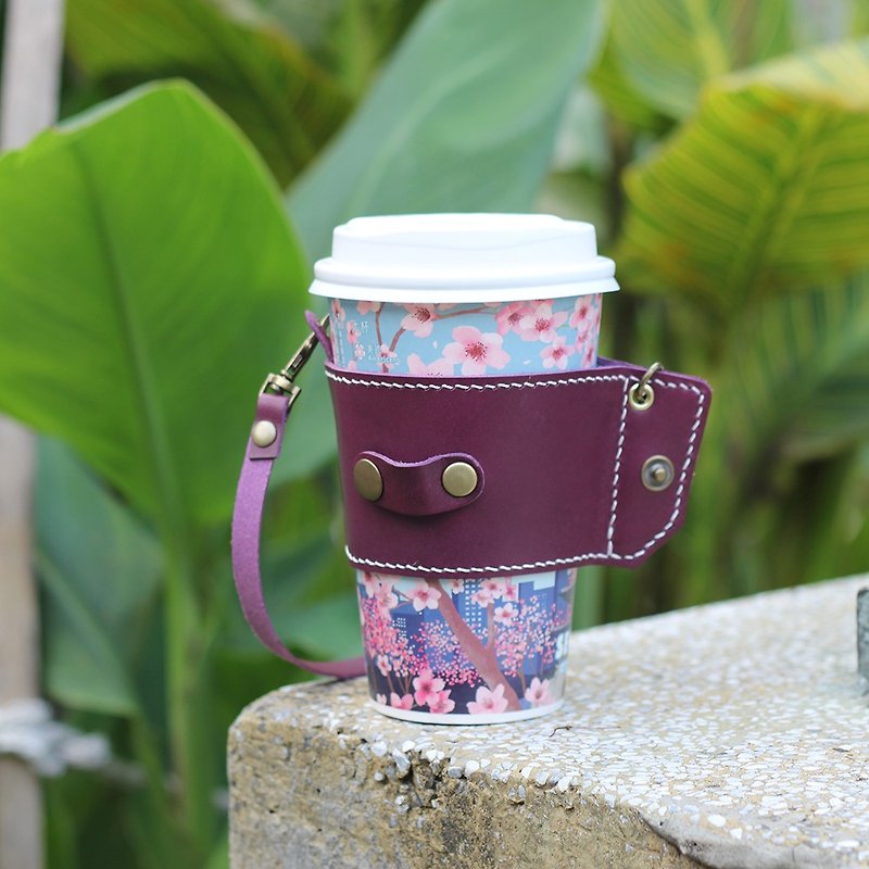 Rolled beverage bag, vegetable tanned cowhide, environmentally friendly beverage bag, compact and easy to store original products-violet - ถุงใส่กระติกนำ้ - หนังแท้ สีม่วง