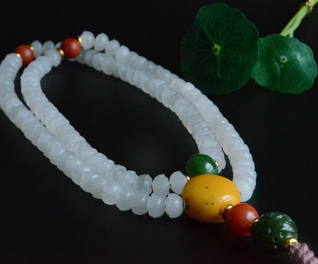 蓮】手彫り天然青海古材白翡翠蓮108念珠手持ちネックレス - ショップ