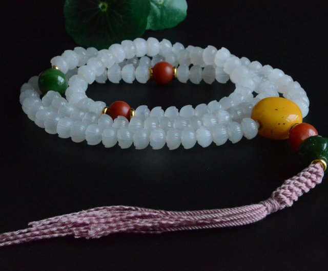 蓮】手彫り天然青海古材白翡翠蓮108念珠手持ちネックレス - ショップ