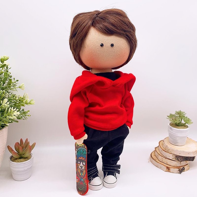 Textile rag doll BOY skateboarder - Stuffed Dolls & Figurines - Cotton & Hemp Red