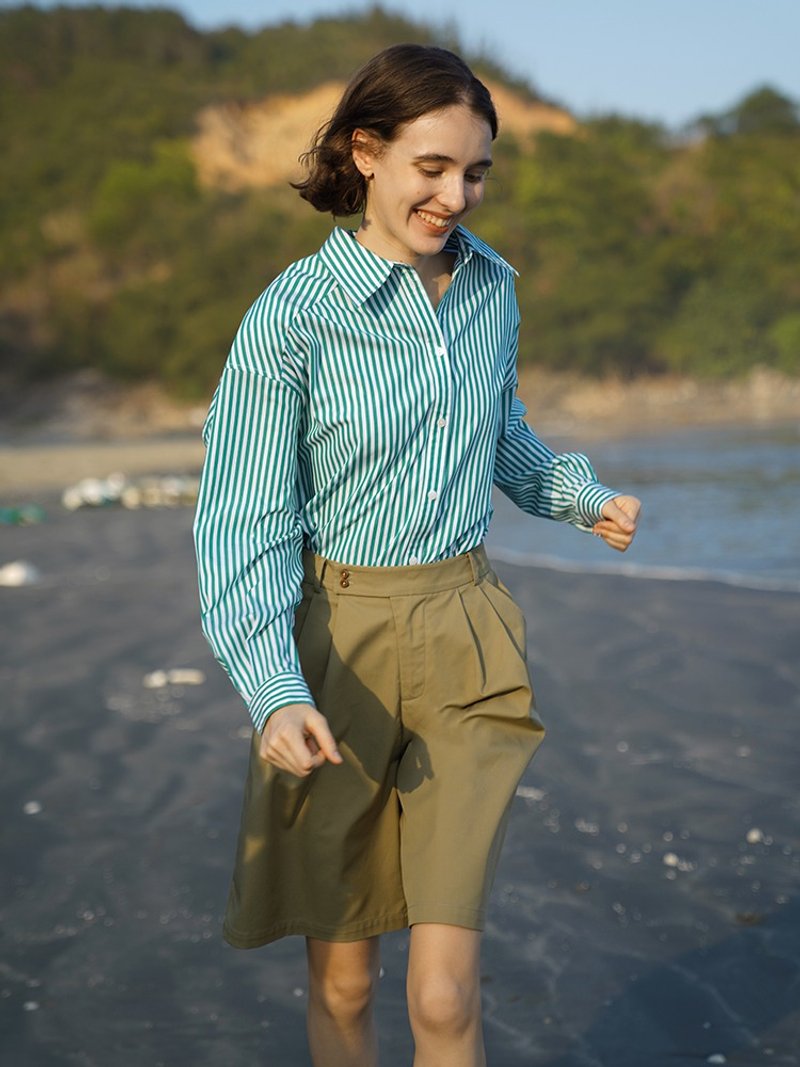 Ecru soli plain white already summer Department versatile Khaki Green Pants - กางเกงขาสั้น - ผ้าฝ้าย/ผ้าลินิน สีกากี