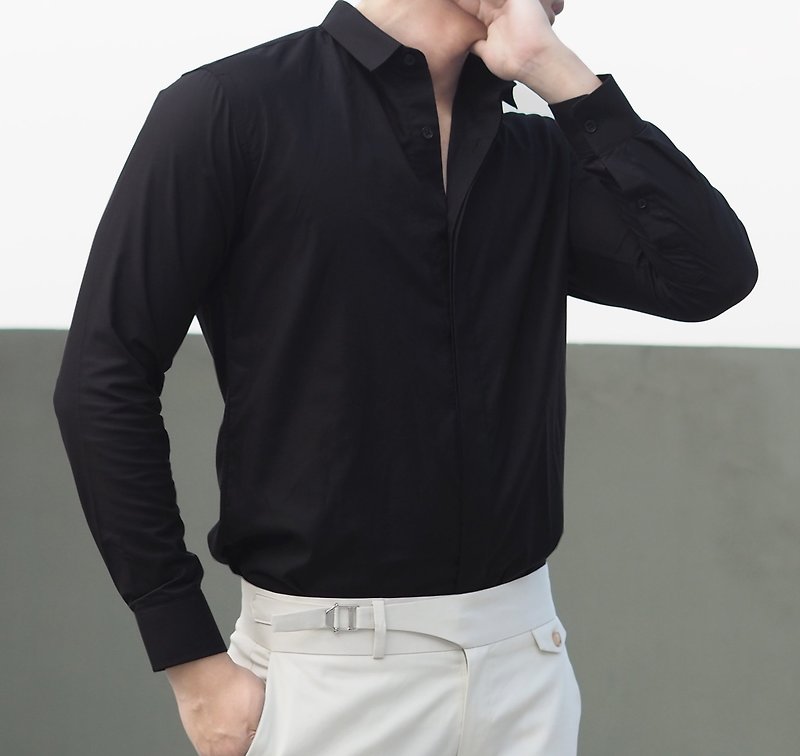 Black mini collar shirt - เสื้อเชิ้ตผู้ชาย - ผ้าฝ้าย/ผ้าลินิน สีดำ