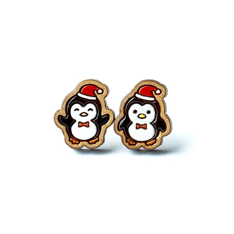【聖誕限定】彩繪木耳環-聖誕企鵝 - 耳環/耳夾 - 木頭 紅色