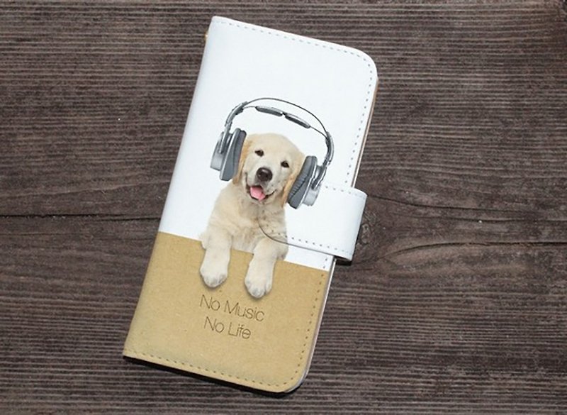 [Compatible with all models] Free shipping [Notebook type] Even a retriever No Music No Life smartphone case - Phone Cases - Genuine Leather Gold