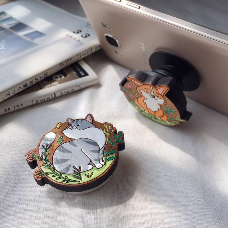 Wooden griptok cat - 手機/平板支架 - 木頭 灰色