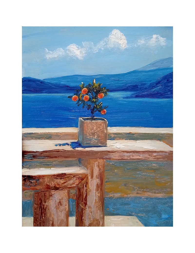 海畫 原創藝術 掛畫 風景掛畫 Sea Painting,Orange Tree, Original Art, Hand-Painted Painting - Posters - Other Materials Blue