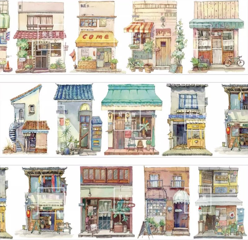 買條街 復古日式商店 水彩畫造景 和紙膠帶 台灣製 10米卷 - 紙膠帶/和紙/PET - 其他材質 多色