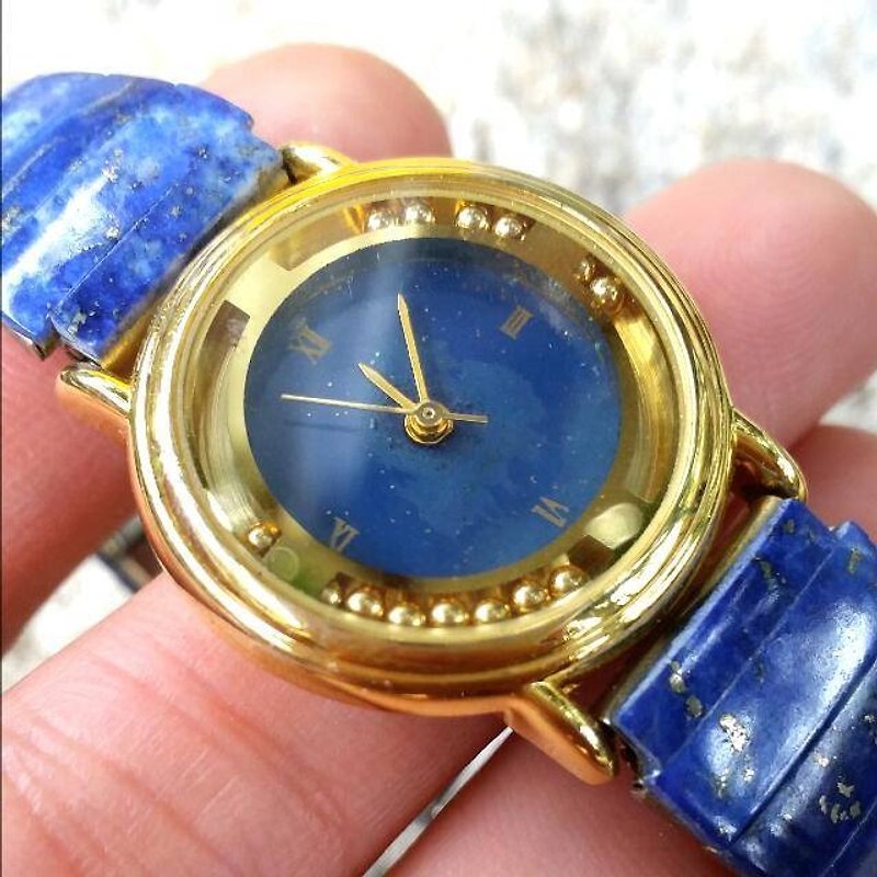 []ロストとアンティーク天然石ラピスラズリビーズ、外出先の時計を見つけます - 腕時計 - 宝石 ブルー
