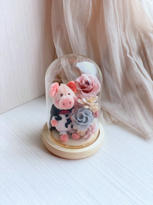 Melai Design 永生花玻璃罩/鐘罩花和威比小豬/公仔/玩偶娃娃