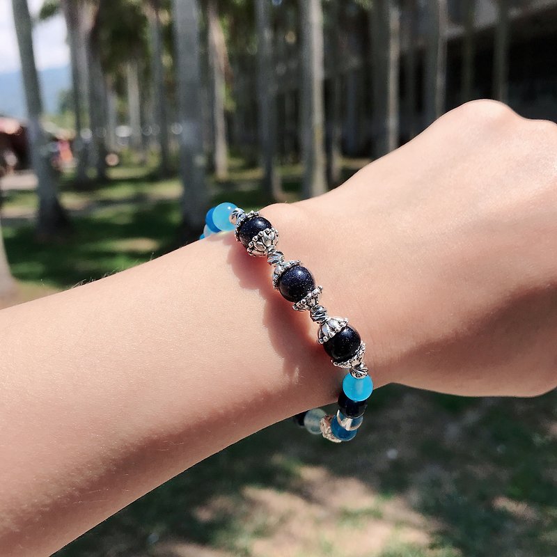 Blue Blue sand Stone agate white crystal 925 Silver crystal bracelet natural stones elastic bracelet - สร้อยข้อมือ - เครื่องประดับพลอย สีน้ำเงิน
