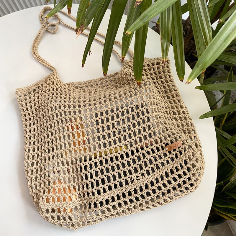 Casual woven cotton tote bag shoulder bag bahnhof handmade - Handbags & Totes - Cotton & Hemp Khaki