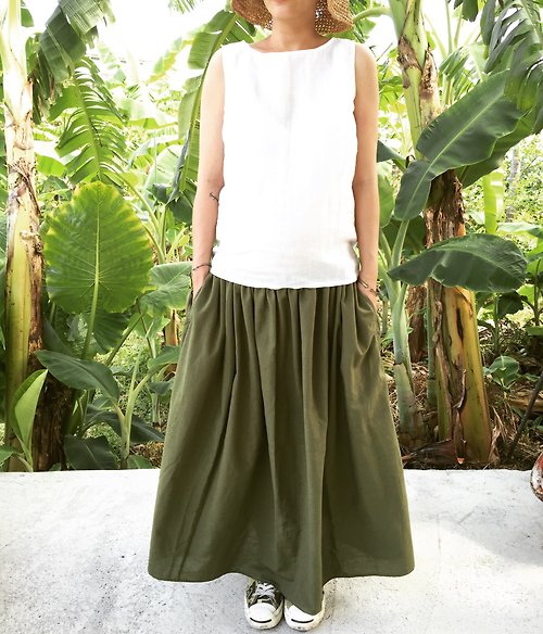 海邊的司廚 手工自然棉麻材質 迷彩軍綠森林系長版口袋圓裙