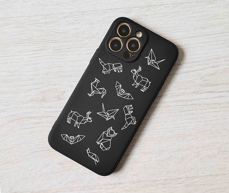 動物摺紙圖案手機殼 保護套 iPhone 13 Pro Max Mini 12 11 SE XS - 手機殼/手機套 - 塑膠 黑色