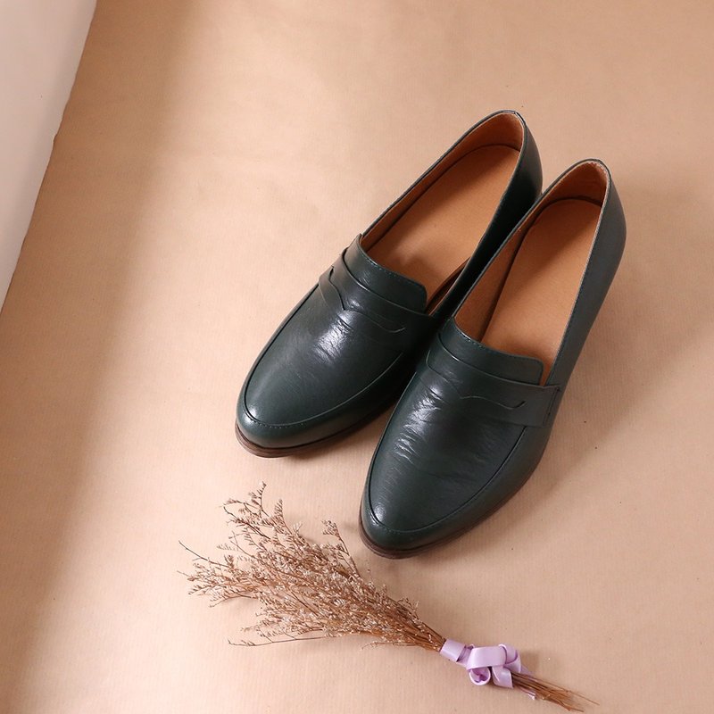 Classic buffalo cow high-gloss leather middle root loafers green - รองเท้าอ็อกฟอร์ดผู้หญิง - หนังแท้ 