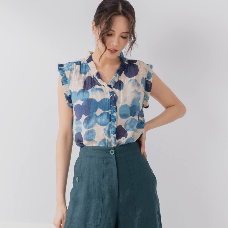 Watercolor Placket Cotton Sleeveless Top - เสื้อเชิ้ตผู้หญิง - ผ้าฝ้าย/ผ้าลินิน สีน้ำเงิน