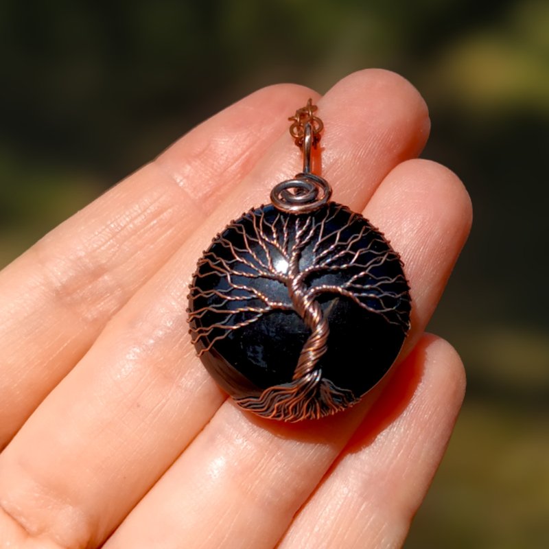 Gothic Black Onyx Natural Stone Tree Of Life Pendant Necklace, Protection Amulet - Necklaces - Other Metals Black