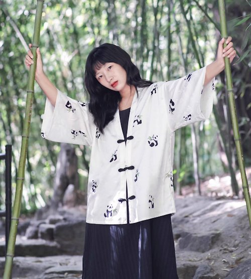 丘山 日式和風 盤扣新中式熊貓翠竹開衫 和服式系帶開衫羽織外套