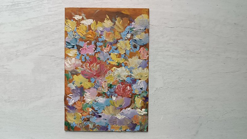 100% handmade Rhymes of flowers on brown, oil on cardb, 15x10 cm, Victoria Valuk - 壁貼/牆壁裝飾 - 其他材質 咖啡色