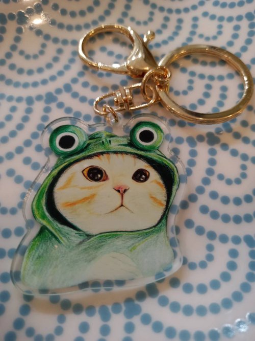 3 ねこ屋さん 両面猫柄アクリルチャームキーホルダー かえるねこ