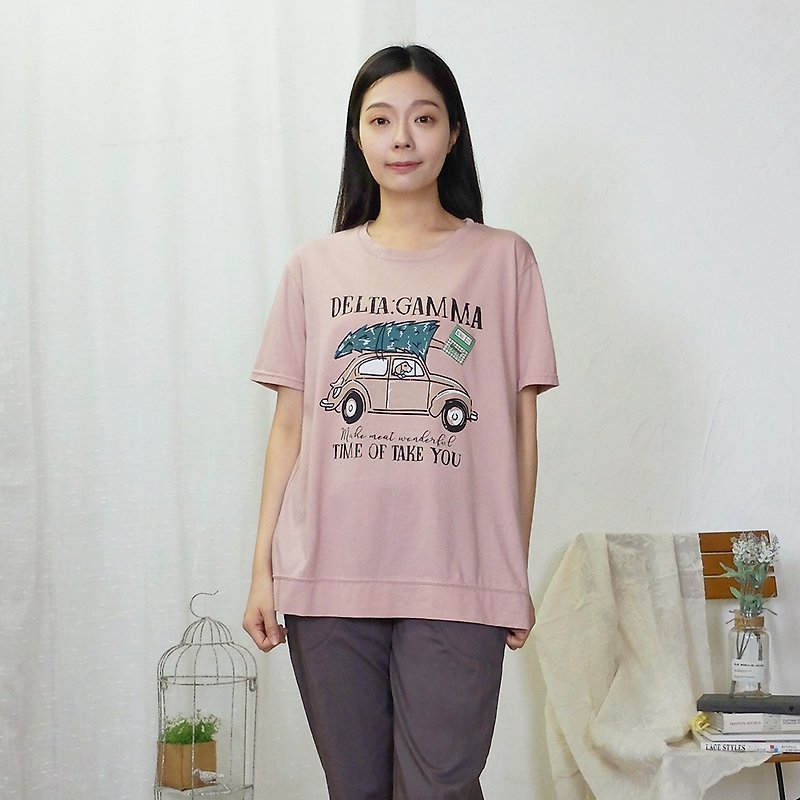 Hana Mokuba loose off-shoulder printed crew neck casual T-shirt - เสื้อยืดผู้หญิง - ผ้าฝ้าย/ผ้าลินิน 