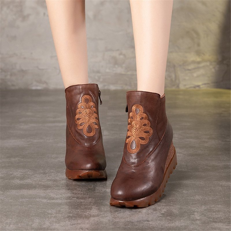Retro Boots For Women Leather Platform Boots Coffee - Women's Booties - Genuine Leather Brown
