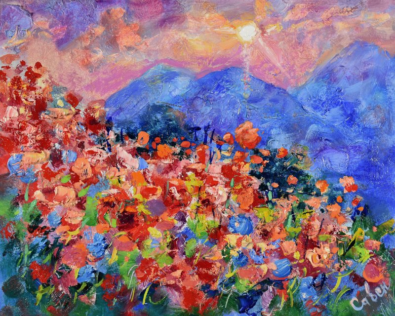Italy Painting Poppy Original Art Landscape Flower Sunset Small Art Wall - 海報/掛畫/掛布 - 木頭 多色