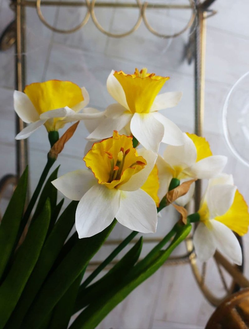 Artificial white daffodils, Cold porcelain daffodils, Faux narcissus flowers - Dried Flowers & Bouquets - Clay White