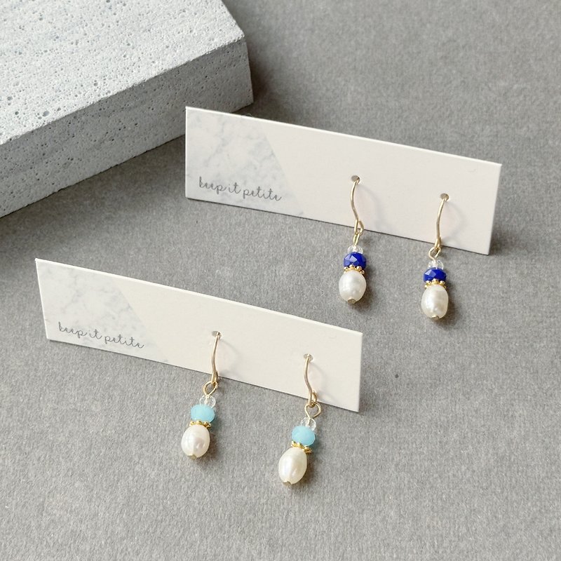 Small Snowball Natural Freshwater Pearl Czech Faceted Stone 14KGF Gold Plated Ear Hook Earrings Gift - Earrings & Clip-ons - Pearl Blue