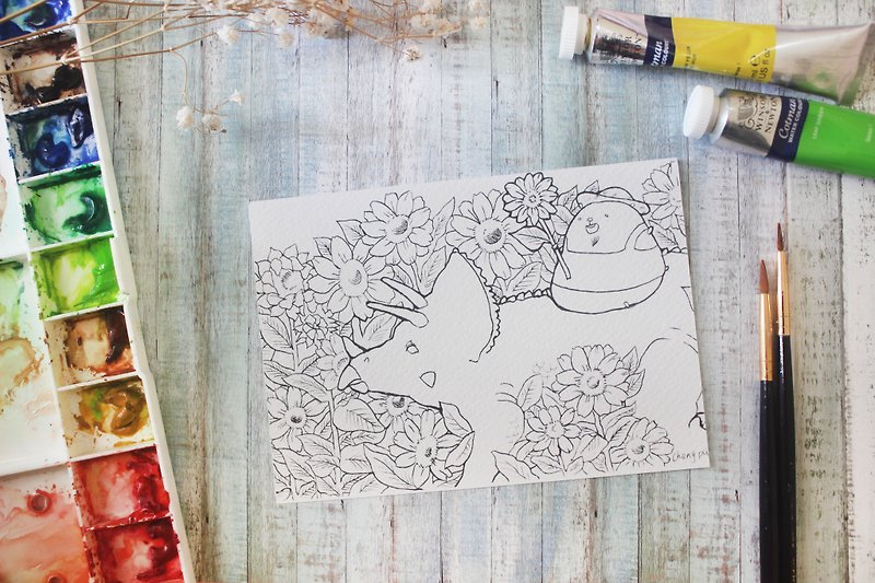 Master Bear Coloring Postcard-Triceratops and Sunflower Field - Cards & Postcards - Paper Blue