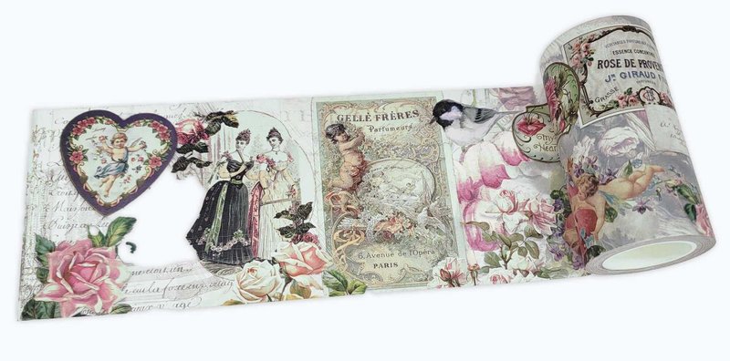 Extra Wide washi Tape (Romantic Victorian Collage) for Valen - 紙膠帶/和紙/PET - 紙 綠色