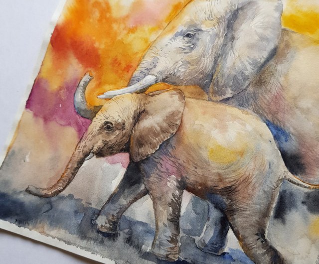 Elephants artwork hand painted Watercolor painting on paper - 設計