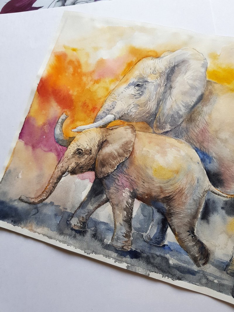 Elephants artwork hand painted Watercolor painting on paper - 壁貼/牆壁裝飾 - 其他材質 