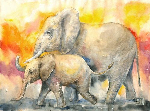 象のアートワーク手描き水彩画紙に - ショップ Arina Morozova 