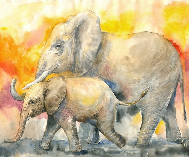 象のアートワーク手描き水彩画紙に - ショップ Arina Morozova 