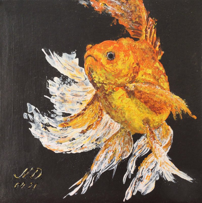 Goldfish Painting Original Art Goldfish Artwork Fish Wall Art - 海報/掛畫/掛布 - 其他材質 橘色