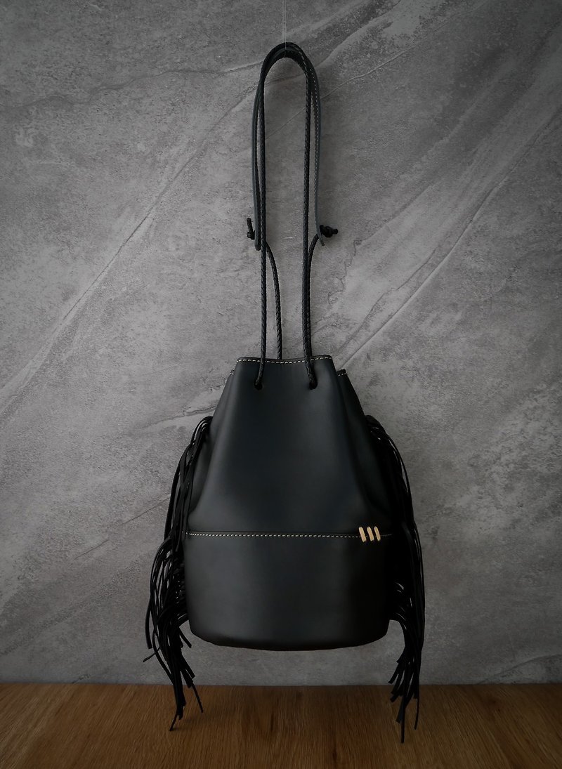 85% chocolate tassel shoulder carry 2 bucket bag - Messenger Bags & Sling Bags - Genuine Leather Black